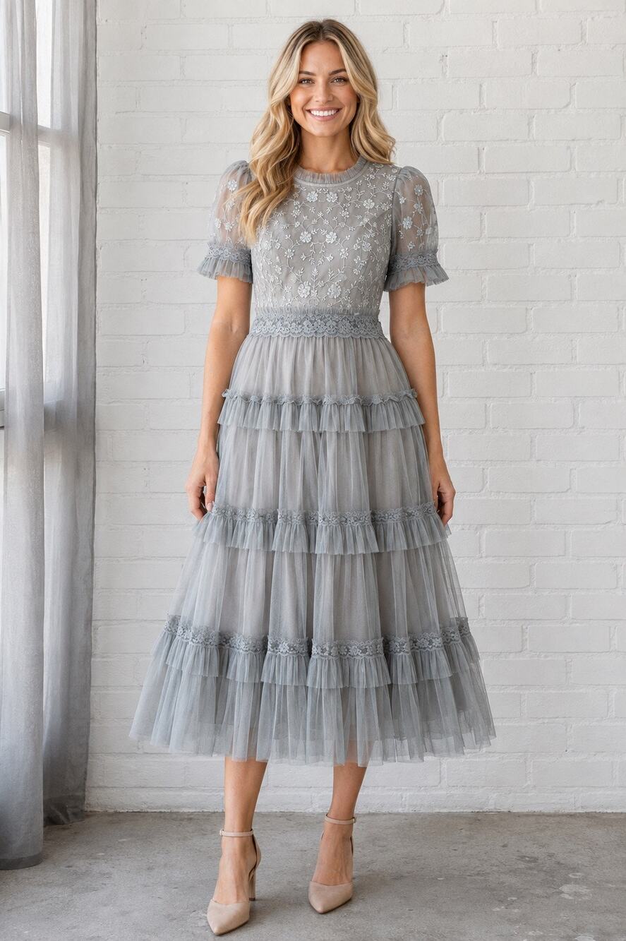 JessaKae Harper Slate Blue Floral Embroidered Tiered Tulle Midi Dress L